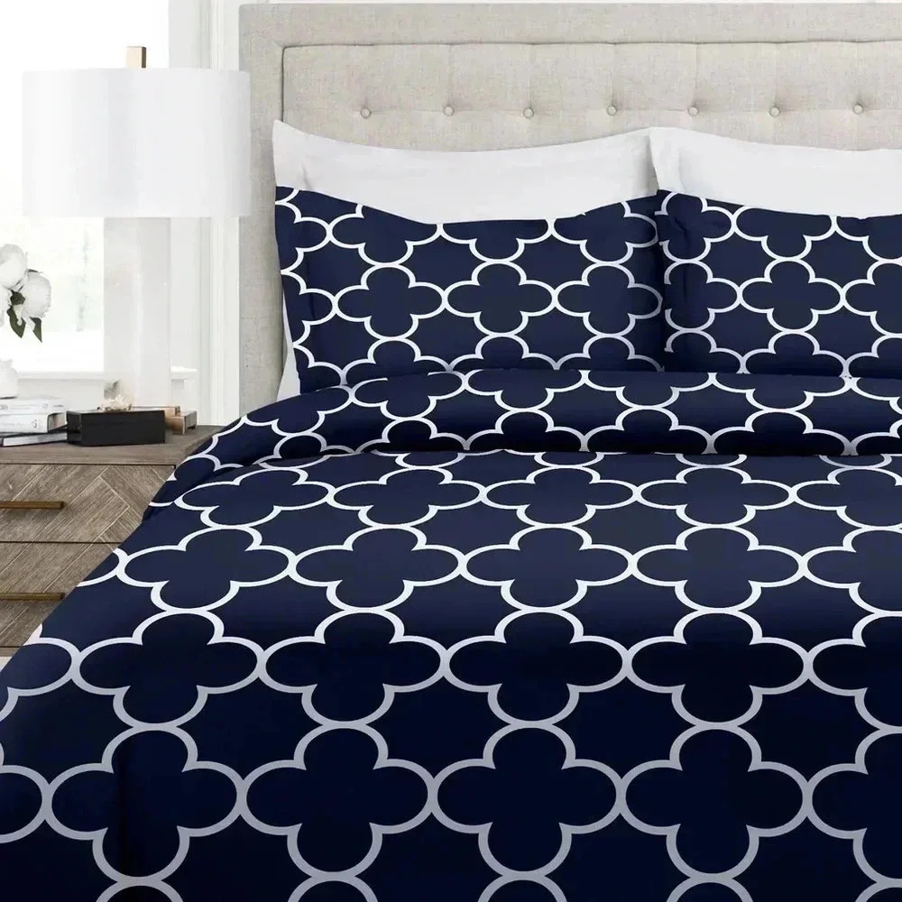 Duvet Cover & 2 Shams Set Italian Luxury Clover Pattern Blue White Full Queen
